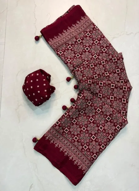 Tew Pure Creap Gajji Silk Ajrakh Printed Saree